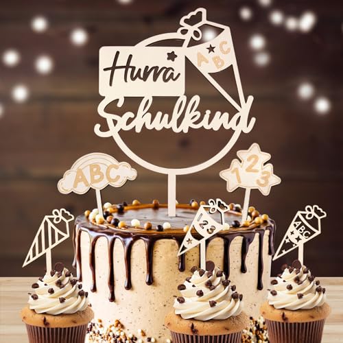 Schulkind Tortendeko, 6 STK Holz Kuchendeko Schulanfang, Hurra Schulkind Tortendeko Einschulung, Cake Topper Einschulung, Schuleinführung Party Deko für Mädchen Junge