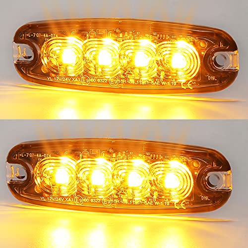 AGRISHOP 12V/24V 4LED Warnlicht Stroboskoplicht,Led Frontblitzer Amber Blitzer,Seite Warnung Blinklichter led Gelb Blitzmodul Warnleuchten Bernstein Bar Wasserdicht für Kühlergrill Dach E9 ECE R65R10