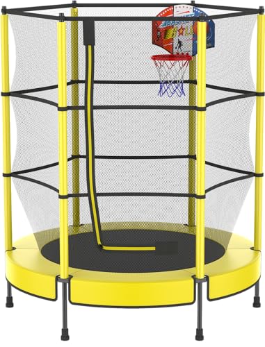 PILIN Kinder Trampolin mit Basketballkorb, 145cm Indoor-Outdoor-Sprungbett mit Federn, erhöhtes Sicherheitsnetz - Geburtstagsspielzeug für Jungen Mädchen, Kinderweihnachtsgeschenk