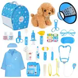 Sanlebi Tierarzt-Spielset, Arztkoffer für Kinder, Kit Doktormädchen mit Plüschhund, Arzt-Rollenspielkoffer für Arzt mit Mantel und Hut, Kit Arztkind geeignet für 3 4 5 6 Jahre Geburtstag