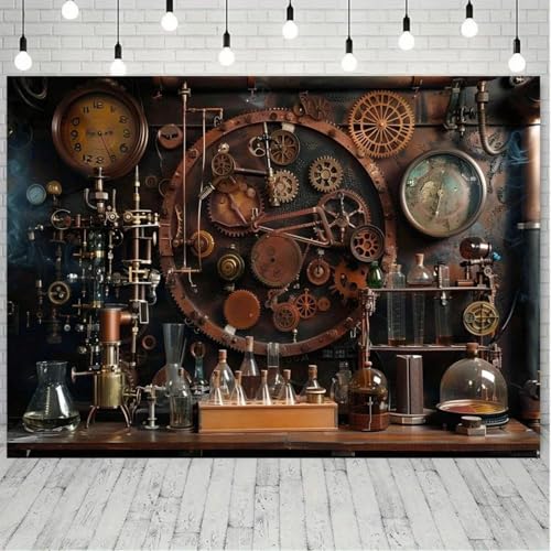 aus Vintage-Hintergrundstoff mit Brauerei-, Ausrüstungs- und Uhrendesign, geeignet für Geburtstage, Feiertage und Partys 240X180cm