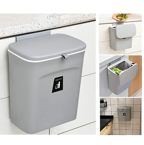 MUGYPYR Komposteimer für Küche, 9 l Mülleimer, Arbeitsplatte oder unter der Spüle, hängender kleiner Mülleimer mit Deckel für Badezimmer/Schlafzimmer,Komposteimer für den Innenbereich (weiß) (Grey)