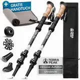 Terra Peak Wanderstöcke Teleskop Aluminium ausziehbar, Ultra-leicht - Trekkingstöcke & Nordic Walking Stöcke verstellbar Damen & Herren mit Gummipuffer - Kork-Griff Wander-Stock & Hiking Poles