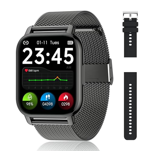 Popglory Smartwatch Herren Damen, 2 Uhrenarmband Sprachassistent, 100+ Sportmodi Fitnessuhr mit Bluetooth Anrufe SpO2 Blutdruckmessung Herzfrequenz Schrittzähler Schlafmonitor, für Android iOS