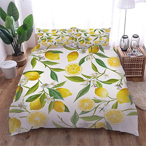 AOUAURO Bettwäsche 135x200 Zitrone Bettbezug Set 3D Bedruckte 3-Teiliges Polyester mit Reißverschluss 1 Bettbezug und 2 Kissenbezug 80x80cm 3 Stück Einzelbett