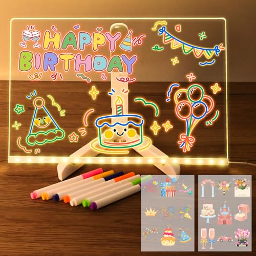 Joellfuner LED Notiztafel, Acryl Notiztafel LED mit 7 Farben Stift, Nachrichtentafel mit Led, Schreibtafel mit Verstellbarem StäNder, Transfer Aufkleber, Abwischbar, Geschenk für Kinder Freundin