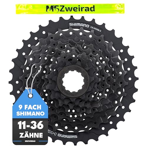 MSZweirad Shimano Fahrrad Kassette 9-Fach CS-HG200 Auswählbar 11-32 | 11-34 | 11-36 Zähne Zahnkranz Schwarz inklusive Reflexband (11-36 Zähne)