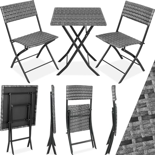 tectake® Rattan Balkon oder Garten Bistro Möbel Set, Sitzgruppe mit 2 Stühlen und 1 Kleiner Esstisch, platzsparend klappbar, Gartenmöbel, Balkonmöbel Kleiner Balkon - grau