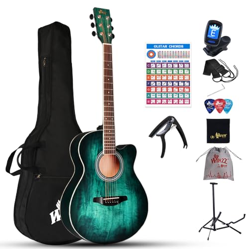 Winzz Akustikgitarre Blau-grün, Westerngitarre 40 Zoll, Gitarre Anfänger Set mit Gitarrenständer, Gitarren Plektrum, Gitarrengurt, Gitarrenstimmgerät, Gitarrentasche