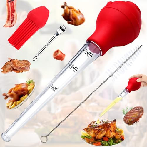 4 Stück Truthahn-Bräter-Set, Bratspritze Zum Braten, Truthahn-Bratenspritze, Fleisch Injektor Spritze, Mit Bratenspitze, Bratenpinsel Und Reinigungspinsel, Für Bbq, Speck, Geräuchertes Fleisch(Rot)