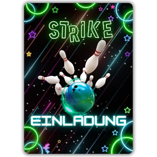 celebr8te 12x grüne Bowling Einladungskarten - Für den Kindergeburtstag von Jungen & Mädchen - Coole Partyeinladungen für Geburtstage inkl. Messenger Bild & Urlaubsgutschein