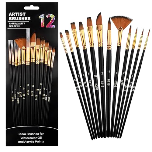 Aquarellpinsel,Pinselset Acrylfarben,12 Stück Pinsel Acrylfarbe Aquarell Pinsel,Schwarz Feiner Borstenpinsel für Anfänger Künstler Erwachsene Kinder