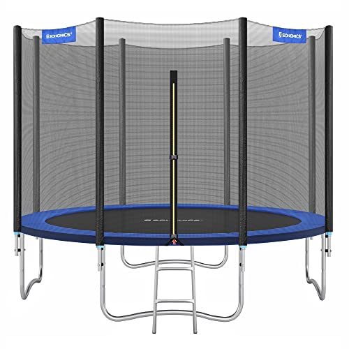 SONGMICS Trampolin Ø 305 cm, Gartentrampolin für Kinder mit Sicherheitsnetz, Randabdeckung, Leiter, 180 cm hohe gerade Stangen, Stahlrahmen, TÜV Rheinland GS-Zertifikat, blau STR10FT