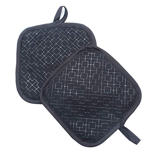 Topflappen Baumwolle&Rutschfestes Silikonmuster Wärmeisolierende Matten Tischsets Untersetzer zum Kochen in der Küche BBQ Backgeschirr, rutschfest und Hitzebeständig,20 * 20cm,2er Set,Schwarz