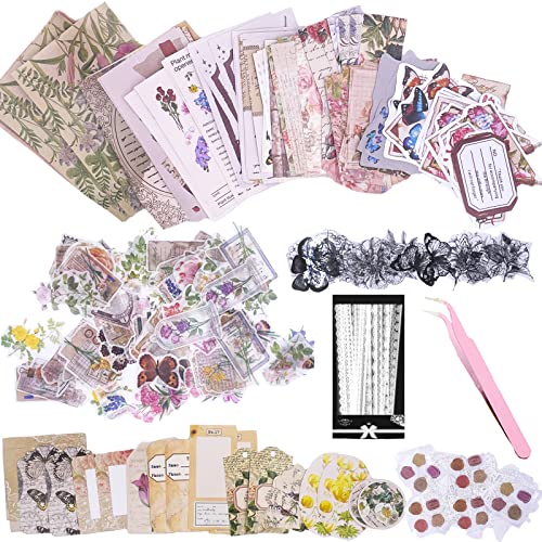 290pcs Ästhetische Scrapbooking Aufkleber Papier Pack, DIY Dekorative Papier Retro Blumen Journaling Supplies Aufkleber Papier Kit für Scrapbook Supplies Journal Kit (Retro Flower Life)