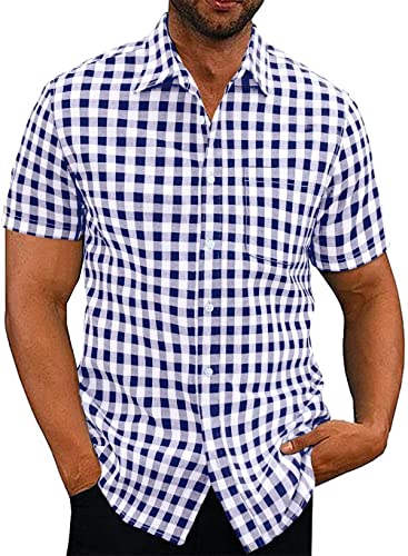 Elegancity Blaues Hemd Herren Kariertes Sommerhemd Kurzarm Freizeithemd Regular Fit für Männer 100% Baumwolle XXL