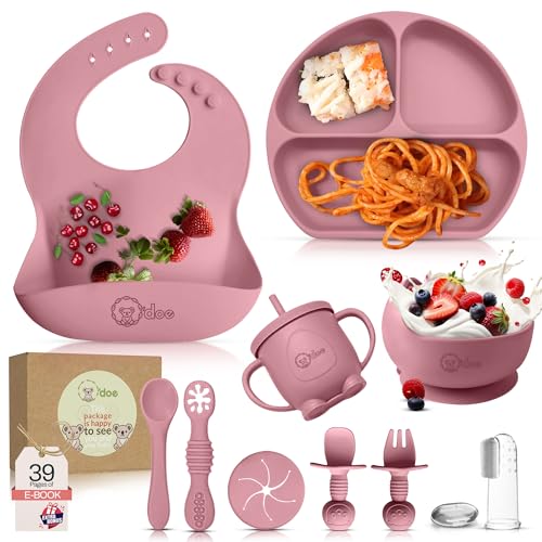 O'doe 11-teiliges Silikon-Babyfütterungsset – Baby-LED-Entwöhnungszubehör mit Saugplatten für Kleinkinder, Babyteller- und Schüsselset | Rosa, V1