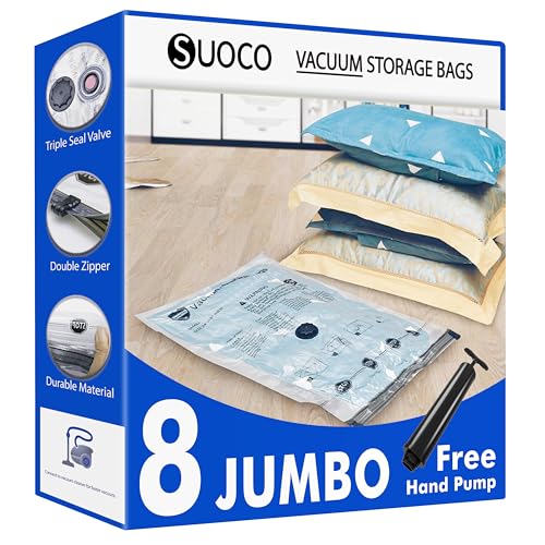 Vakuumbeutel für Kleidung 8 Jumbo(100×70 cm) Vakuumierbeutel Aufbewahrungsbeutel mit Luftdichtem Ventil und Handpumpe Kompressionsbeutel für Kleidung,Bettdecken,Bettwäsche,Kissen