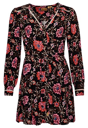 SUPERDRY Damen Mini-Tea-Dress mit Print und V-Ausschnitt Mori Blumenmuster Braun 44