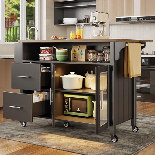 Oslghy Küchenwagen, Kücheninsel, Servierwagen mit LED und Glasvitrine Türen, Küchenschrank, Buffetschrank mit Schublade und Rollen, Esswagen Anrichte mit Arbeitsplatte, 139x40-65x94 cm (Schwarz)