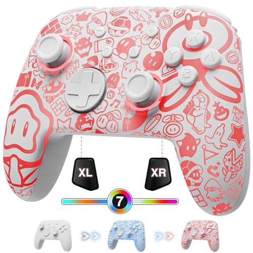 PALPOW [Leuchtend Modus] Firefly Switch Controller Wireless Kompatibel mit Switch/OLED/Lite, Switch Kontroller Gamepad mit 7 LED Farben/Paddle/Turbo - Weiß