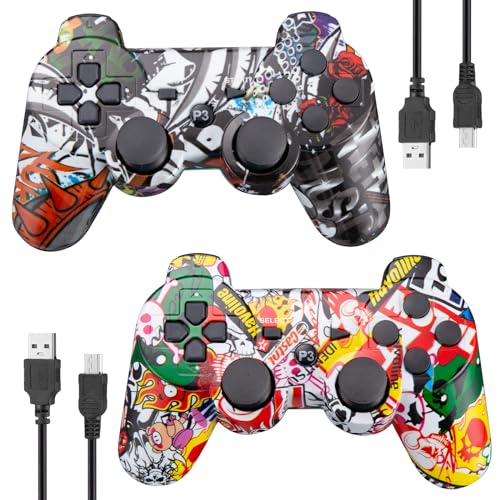 Powerextra 2er Pack PS-3 Controller Wireless Bluetooth PS-3 Hochleistungs Wireless-Double-Shock-Controller für Play-Station 3-Spielekonsole für Double-Shock-Game-Konsole mit Ladekabel