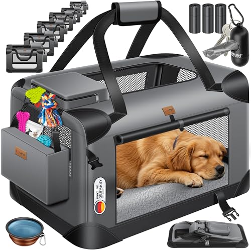 Lovpet® Transportbox Hund Katze Transporttasche XXXL 102x69x69cm | Hunde-Tragetasche Faltbare Katzentasche | Haustier-Transportbox inkl. Hundenapf & Schultergurt | für Katzen & Hunde Anthrazit
