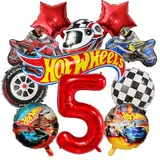 cars geburtstagsdeko, 11PCS Rennwagen Folienballons 5 Jahre Junge Helm, RennautoBallons, Motorrad, schwarz-weiß karierte Rennauto Folienballons Set