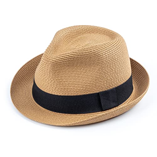 DRESHOW Damen Panama Hut Breiter Krempe Stroh Sommer Fedora Strohhut Panama Aufrollen Hut Strand Rollbar UV Sonnenhut UPF 50 +