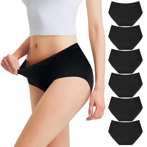 Falechay Unterhosen Damen Streth Unterwäsche Slips Baumwolle Pantys Hipster Mittel Taille Höschen Frauen 6er Pack Schwarz XXL