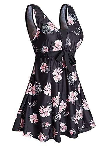 Ecupper Badeanzug Damen Elegant Einteiliger Badeanzug Mit Brustpolster Badeanzugkleid Baderock Rosa Blume XL