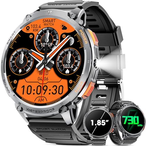 mingwear Smartwatch Herren 1,85“ HD Touchscreen 730mAh Lange Akkulaufzeit Smart Watch Herren mit LED-Taschenlampe für Android iOS (Bluetooth Anrufannahme/Anrufe) Fitness Tracker mit 100+ Sportarten