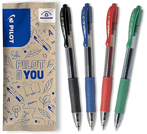 PILOT G2-7 Gelschreiber Set - 4 Stück - Farbe Schwarz, Blau, Rot, Grün - weiche Gelstifte 0,36mm Strichstärke, angenehme Schreibführung und kratzfreies, präzises Schriftbild, mit austauschbarer Mine