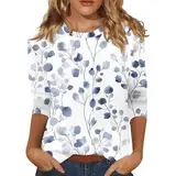 Angebot des Tages Blitzangebot,Pullover Baumwolle Langärmliges Shirt Damen Damen Bluse Mit Blumenmuster,Lässige 3/4 Ärmel Weiches Material Für Frühling Und Sommer (Blau,XL)
