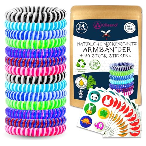 Olleeno® Mückenschutz Armband Moskito Insektenschutz Armband für Outdoor Camping Wandern Sport Anti Mückenarmband für Kinder und Erwachsene (14 Stück + 60 Mückenabwehr Aufkleber)