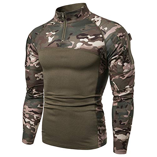 Herren Taktisches Langarmshirt Militär Stil Combat Shirt mit Taschen Airsoft Top Outdoor Kleidung für Jagd Camping WandernGrün CamoM