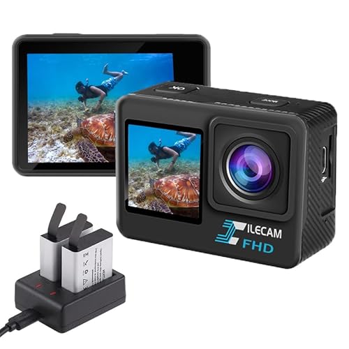 Xilecam Dual Screen Action Cam 1080P /WiFi wasserdichte Kamera, 4 x Zoom, 131 Fuß (40 m), wasserdichte Unterwasserkamera mit 2 x 1050 mAh Akku und Multifunktionalem Zubehör(L300)