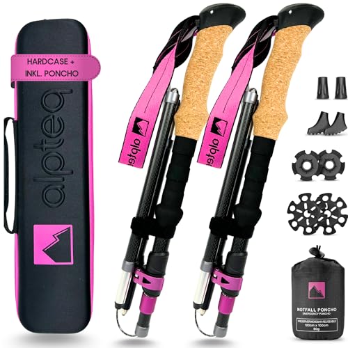 Alpteq® Carbon Wanderstöcke faltbar mit Korkgriff | Trekkingstöcke für Bergsport | Nordic Walking Stöcke für Damen und Herren | Ultraleicht und verstellbar mit Teleskop Klemmverschluss (100-120 cm)
