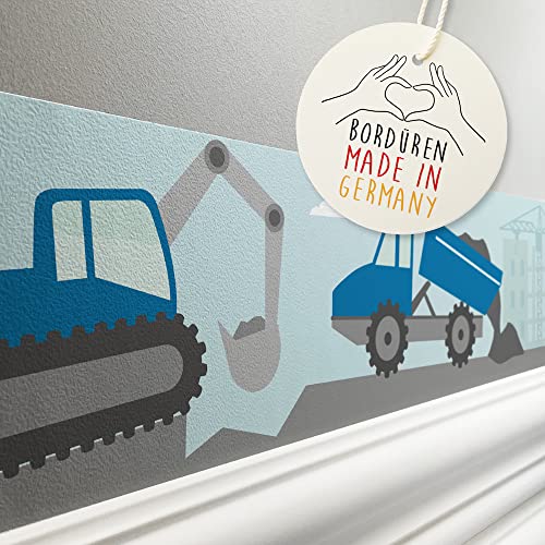 lovely label Bordüre selbstklebend BAUSTELLE BLAU - Wandbordüre Kinderzimmer Babyzimmer mit Bagger - Wandtattoo Schlafzimmer Junge – Wanddeko Baby Kinder