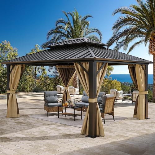 YITAHOME 3 x 3,65 m verzinktes Eisen-Baldachin mit Netz und schattigen Vorhängen, Outdoor-Zelt mit 2 Etagen, Hardtop Aluminium-Rahmen, Gartenzelt für Terrasse, Hinterhof, Deck und Rasen