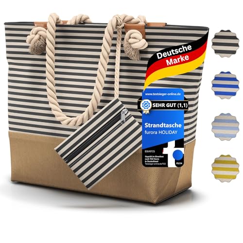 Strandtasche XXL Familie, Damen, Herren - mit Reißverschluss & 2x Innentaschen (für nasse Badekleidung & Wertsachen) bequemer Griff, leicht, groß, wasserabweisend | Badetasche XXL, Beach Bag XXL