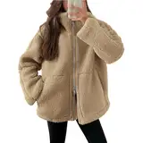 Generisch Fleecejacke Damen Winterjacke Warm Übergangsjacke Flauschige Plüschjacke Reißverschluss Wintermantel Revers Teddyjacke Outdoor Jacken Sportlich Kuscheljacke Oversize Damenjacke Outwear