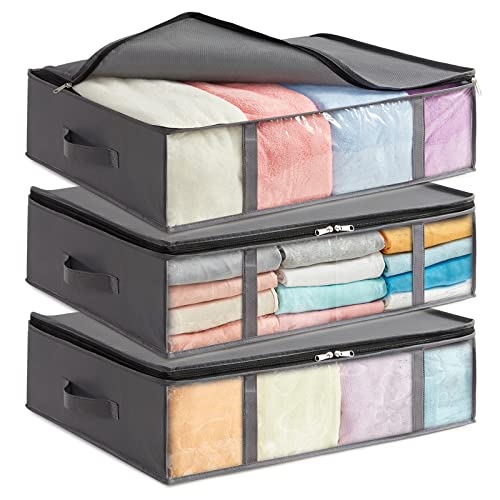 Lifewit 3 Stück 40L Unterbett Aufbewahrungsbox, Faltbare Unterbettkommode Aufbewahrungstasche Storage Boxes mit Deckel, Unterbett Aufbewahrung für Kleider Unterbett Kleiderschrank, Grau