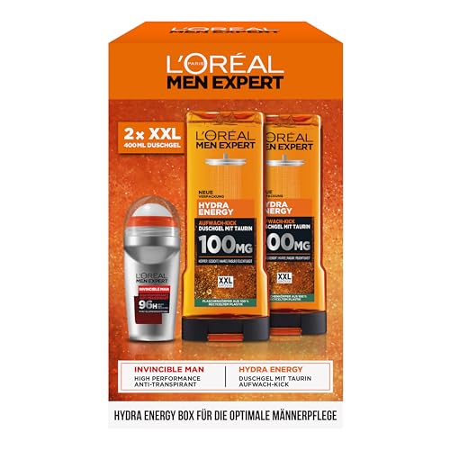 L'Oréal Men Expert Pflegeset für Männer, Geschenkset mit XXL Duschgel und Deoroller, Geschenk für Herren inklusive Bodywash und Deo Roll-On, Hydra Energy, Heat Protect, 2 x 400 ml, 1 x 50 ml