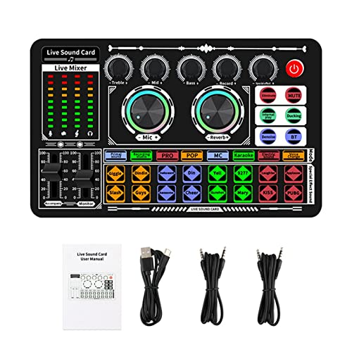 Jiakalamo Audio-Mixer, F999 Bluetooth-Stereo-Audio-Mixer, Live-Soundkarte und Audio-Schnittstelle mit DJ-Mixer-Effekten und Sprachwechsler für Streaming/Podcasting/Gaming/PC/Aufnahmestudio (schwarz)