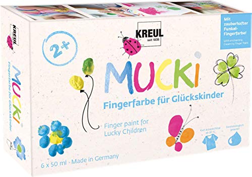 KREUL 23050 - Mucki Fingerfarbe für Glückskinder, 6 x 50 ml in Gelb, Pink, Diamanten-Blau, Grün, Orange, Drachen-Silber, parabenfrei, glutenfrei, laktosefrei, vegan, auswaschbar