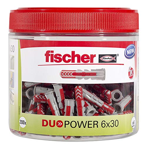 fischer DuoPower 6 x 30, handliche Runddose mit 200 Universaldübeln, leistungsstarker 2-Komponenten-Dübel, Kunststoffdübel zur Befestigung in Beton, Ziegeln, Stein, Gipskarton uvm.