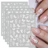 JMEOWIO Nagelsticker Frühlings Weiß Blume 12 Blatt Nail Art Sticker Selbstklebend Nagelaufkleber Sommer Schmetterling Blumen Blatt Dekoration Nageldesign Zubehör