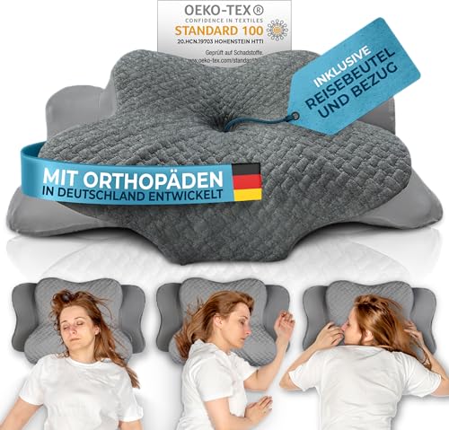 Glückstoff® Orthopädisches Kissen (Zertifiziert für alle Schlaftypen) Kopfkissen Nackenschmerzen aus Memory Foam | Nackenstützkissen Ergonomisches Kopf-Kissen Seitenschläferkissen Grau