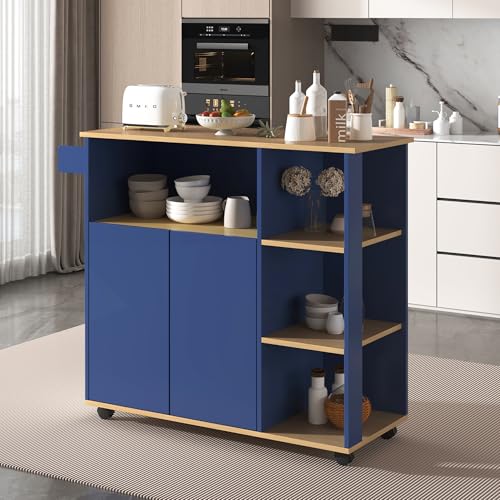 L 105 cm x B 38 cm x H 84 cm, moderner minimalistischer Speisewagen, Anrichte, Arbeitsplatte mit Holzmaserung, marineblaue Schränke, Mikrowellenregal, 360°-Lenkrollen, geeignet für Küche und Esszimmer